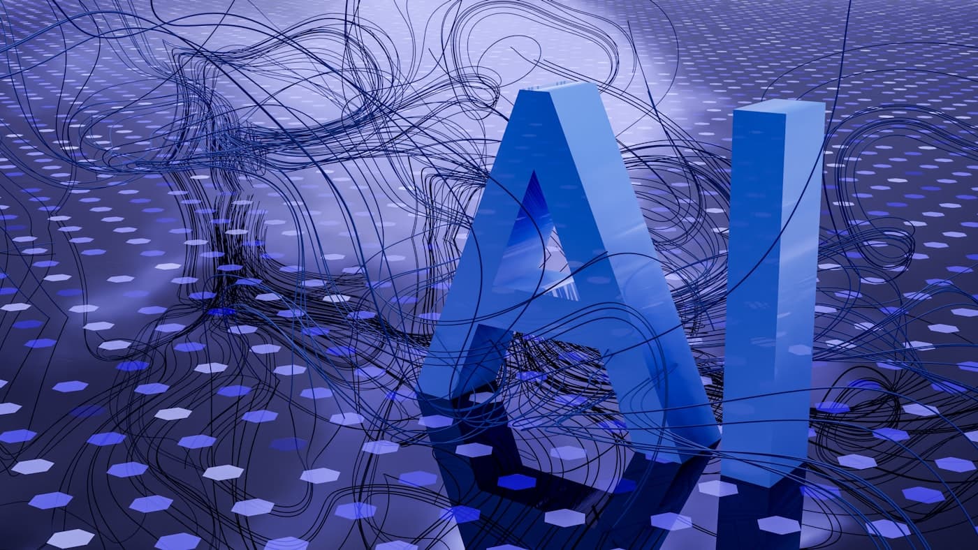 Abstract 'AI' lettering over a neural network